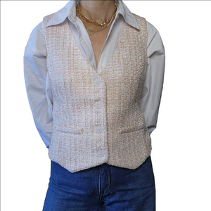 Vest tweed like button down waistcoat knit V-neckline Pink White Gold FOREVER 21